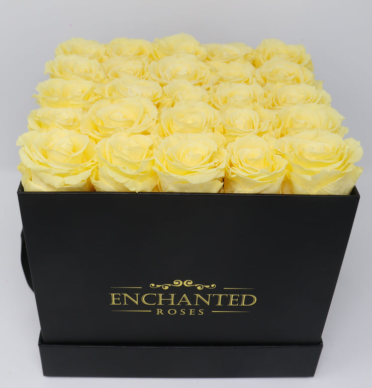 Medium Classic Black Square Box - Yellow Roses